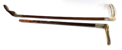 Two riding crops having antler handles, one hallmarked silver, banded for Birmingham 1901, the other