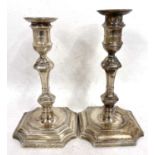 Pair of late Victorian silver candlesticks in Georgian taste, double knops tapering stems,