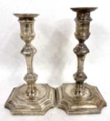 Pair of late Victorian silver candlesticks in Georgian taste, double knops tapering stems,