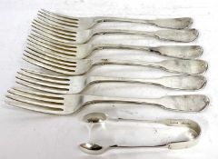 Six Georgian fiddle pattern table forks engraved with a crest, hallmarked London 1824/30/33,