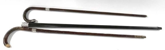 A group of two walking sticks and a cane each with white metal mounts (a/f) (3)