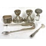 Mixed Lot: A pair of dwarf silver candlesticks (loaded), Birmingham 1971, makers mark for B & Co,