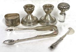 Mixed Lot: A pair of dwarf silver candlesticks (loaded), Birmingham 1971, makers mark for B & Co,