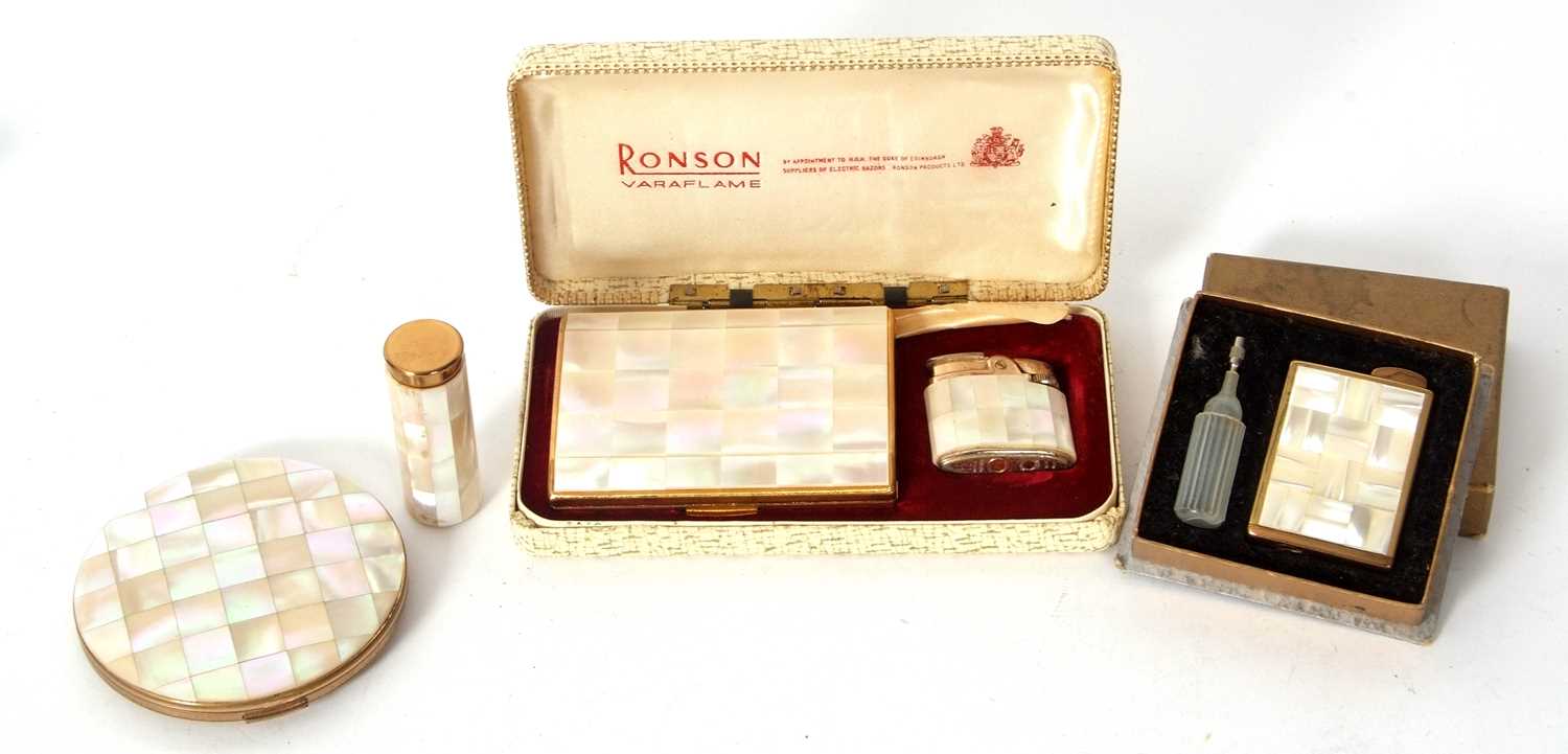 Mixed Lot: Vintage cased Ronson boxed set with mother of pearl lighter and compact, together with