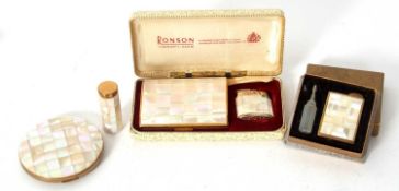 Mixed Lot: Vintage cased Ronson boxed set with mother of pearl lighter and compact, together with