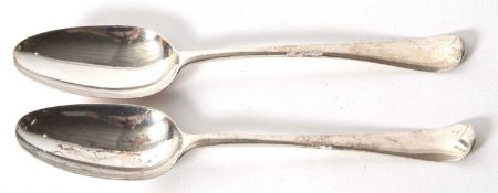 Two George III silver tablespoons engraved with initials, hallmarked for London 1787, John