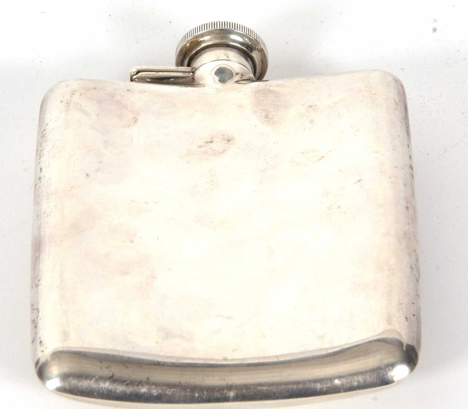 A vintage white metal spirit flask of slightly curved rectangular form, plain polished with engraved - Image 4 of 6