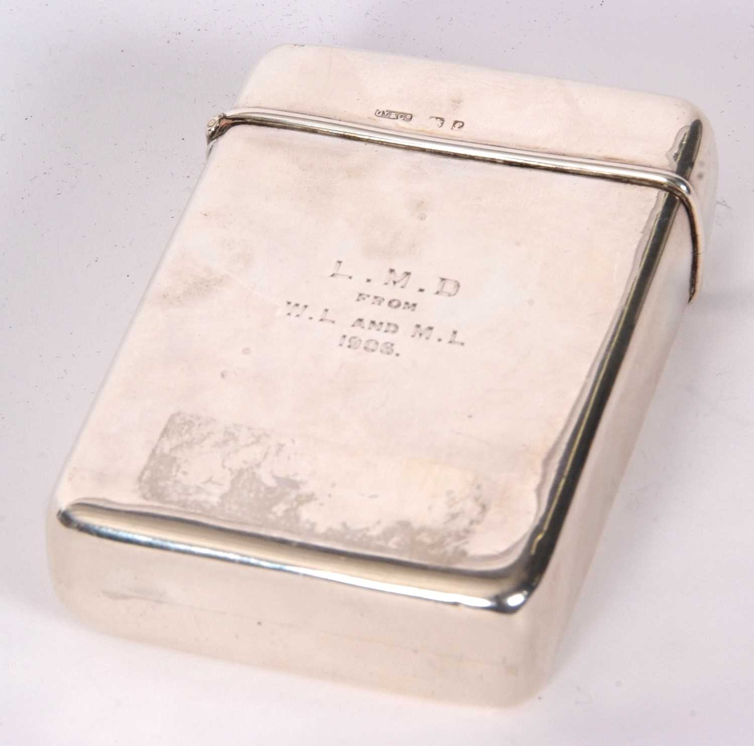 An Edwardian silver cigar case of plain polished rectangular form, hinged lid with personalised - Image 3 of 7