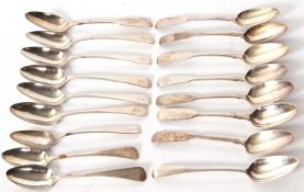 Mixed Lot: Eight Georgian fiddle pattern teaspoons together with nine Georgian Old English pattern