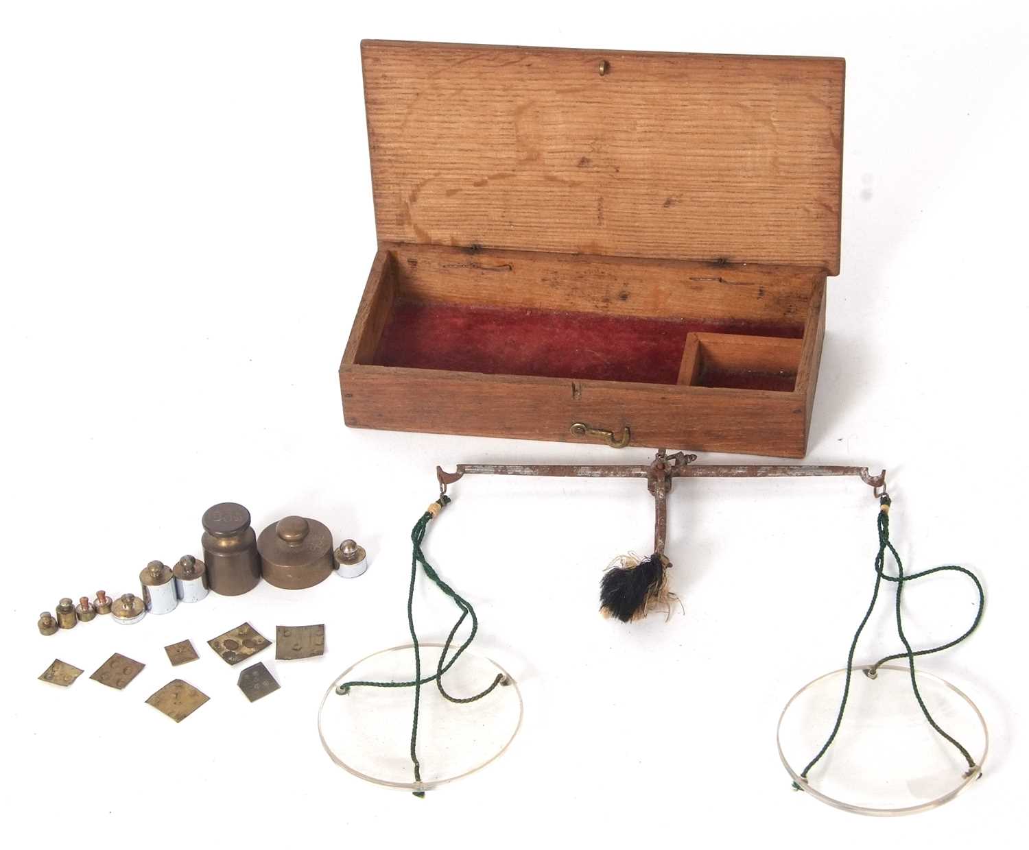 Box set of apothecary scales with glass pans, strings and weights and balance beams