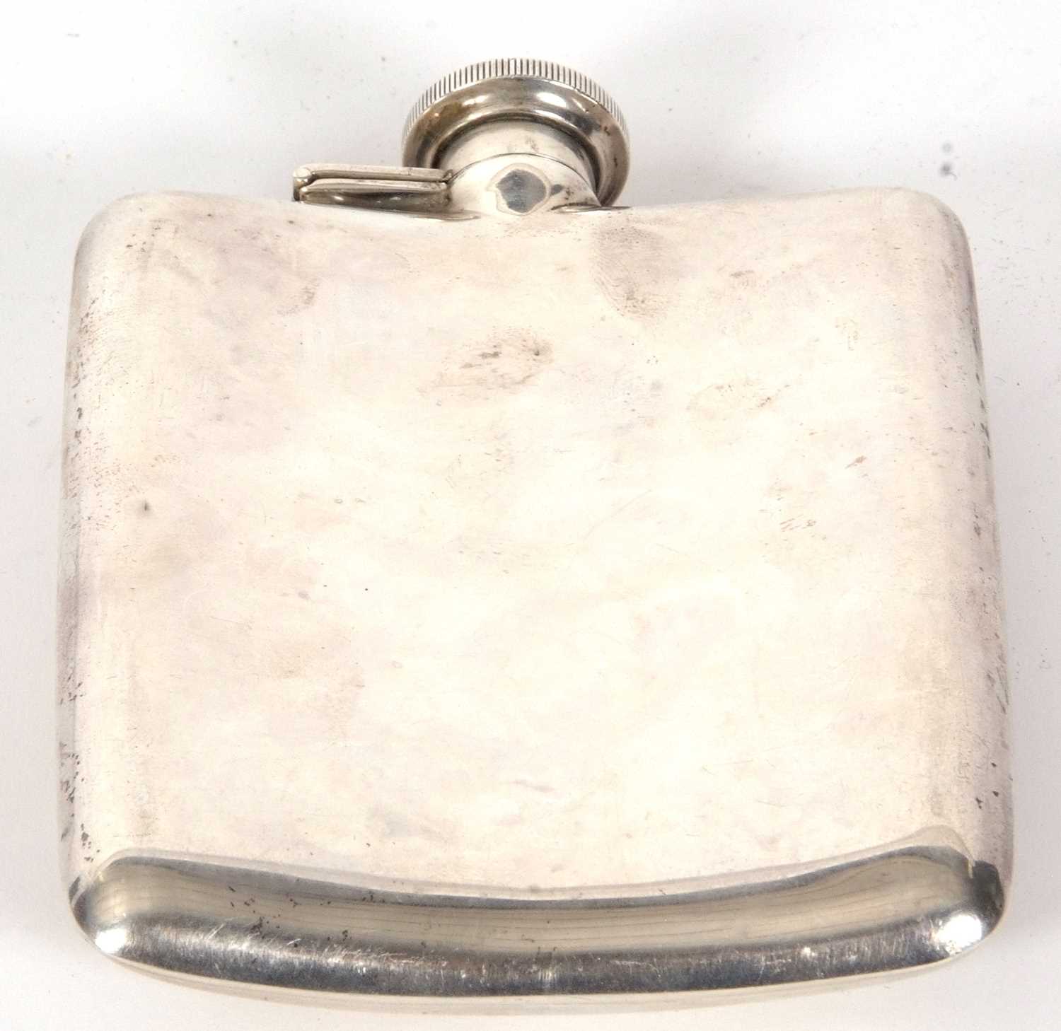 A vintage white metal spirit flask of slightly curved rectangular form, plain polished with engraved - Image 5 of 6