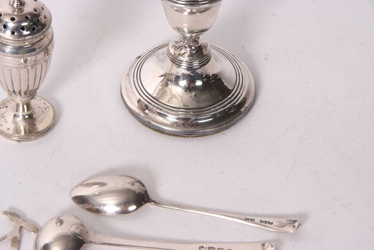 Mixed Lot: A single silver small dressing table stick, a Georgian silver mustard spoon, two small - Image 3 of 3