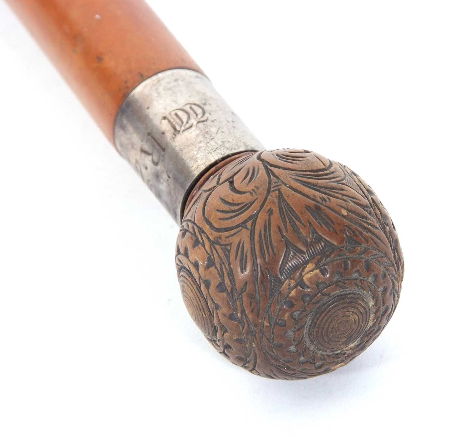 An antique walking stick with ball finial, carved with foliate and geometric designs with a metal - Image 6 of 10