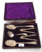 Victorian cased silver plated pair berry spoons, sifting ladle and two pairs of nut crackers (case