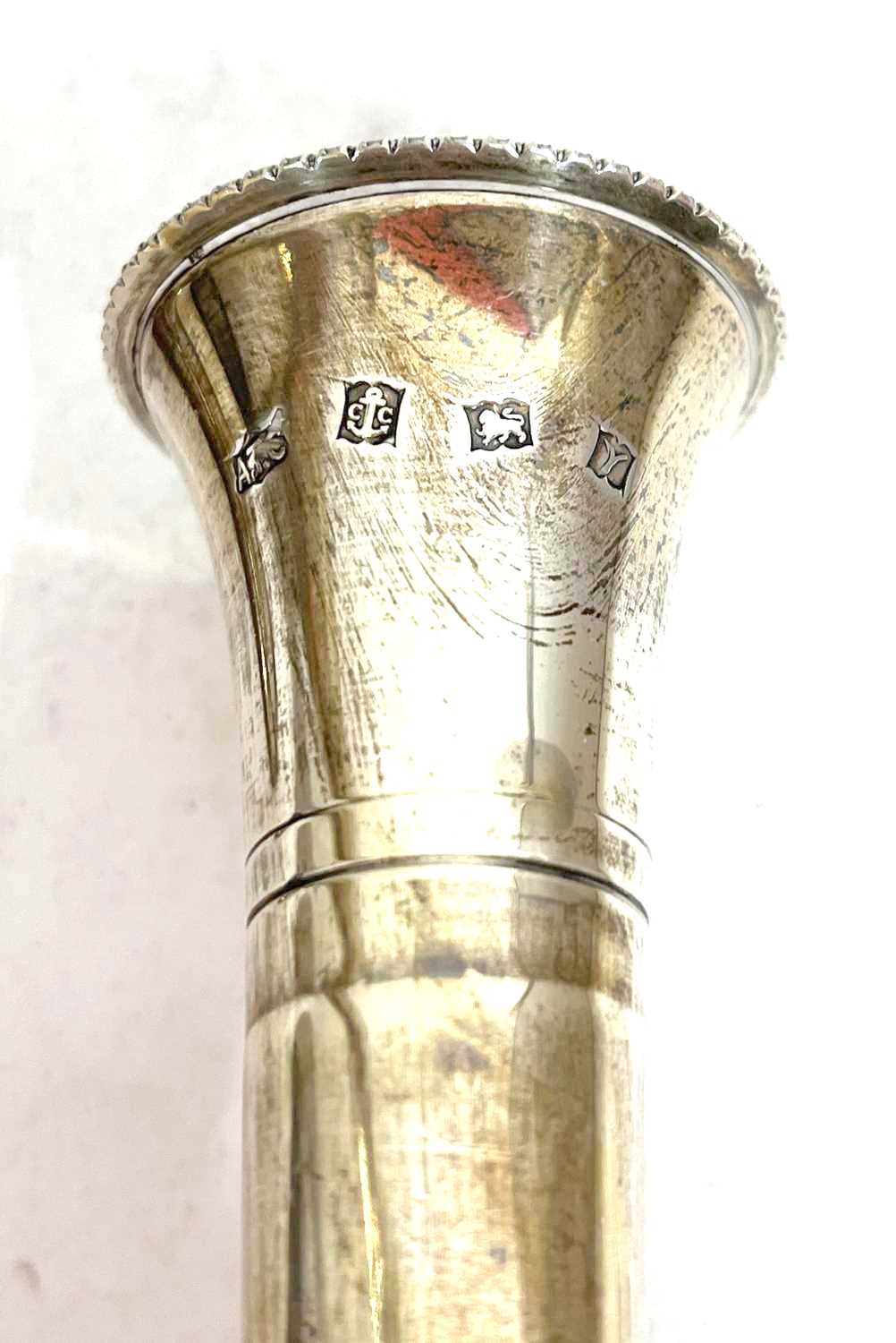 Pair of Elizabeth II silver tall spill vases having beaded decoration to rims and bases, engraved - Image 2 of 4