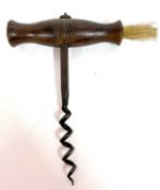 A vintage wooden handled direct pull corkscrew with dusting brush, 13cm long