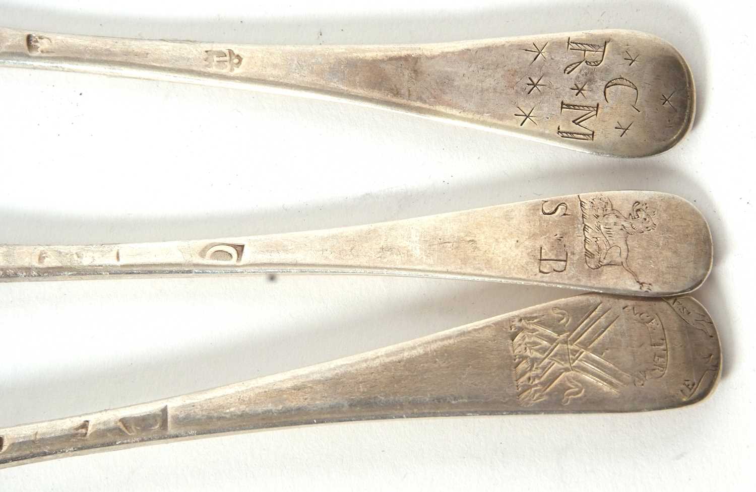 Three Georgian Hanovarian rat tail spoons, base marked, engraved with initials and crests, marks - Image 4 of 4