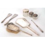 Mixed Lot: Silver mounted dressing table wares to include a mirror, hair brush, glass hair tidy