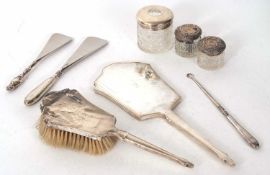 Mixed Lot: Silver mounted dressing table wares to include a mirror, hair brush, glass hair tidy