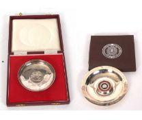 Mixed Lot: A cased silver Winston Church commemorative 1965 coin dish, hallmarked for London 1968,
