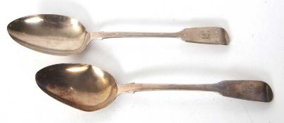Two Victorian silver fiddle pattern table spoons engraved with initials and hallmarked for 1838