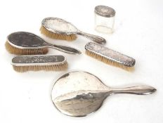 Mixed Lot: A silver backed dressing table mirror, brush and clothes brush, a Victorian glass