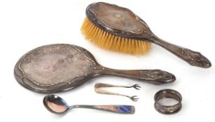 Mixed Lot: A Danish sterling and enamel spoon, makers mark A.F.R, a white metal backed dressing