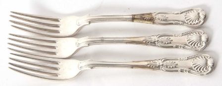 Three Kings pattern table forks, two Victorian hallmarked for 1847 and one William IV example,