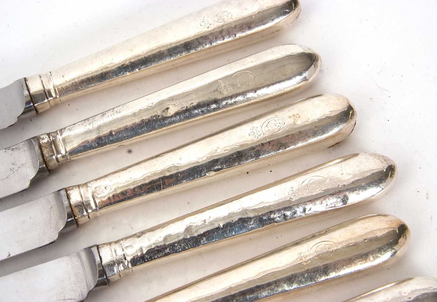 Six silver handled table knives, makers mark rubbed, London assay, makers mark showing as William - Image 4 of 4