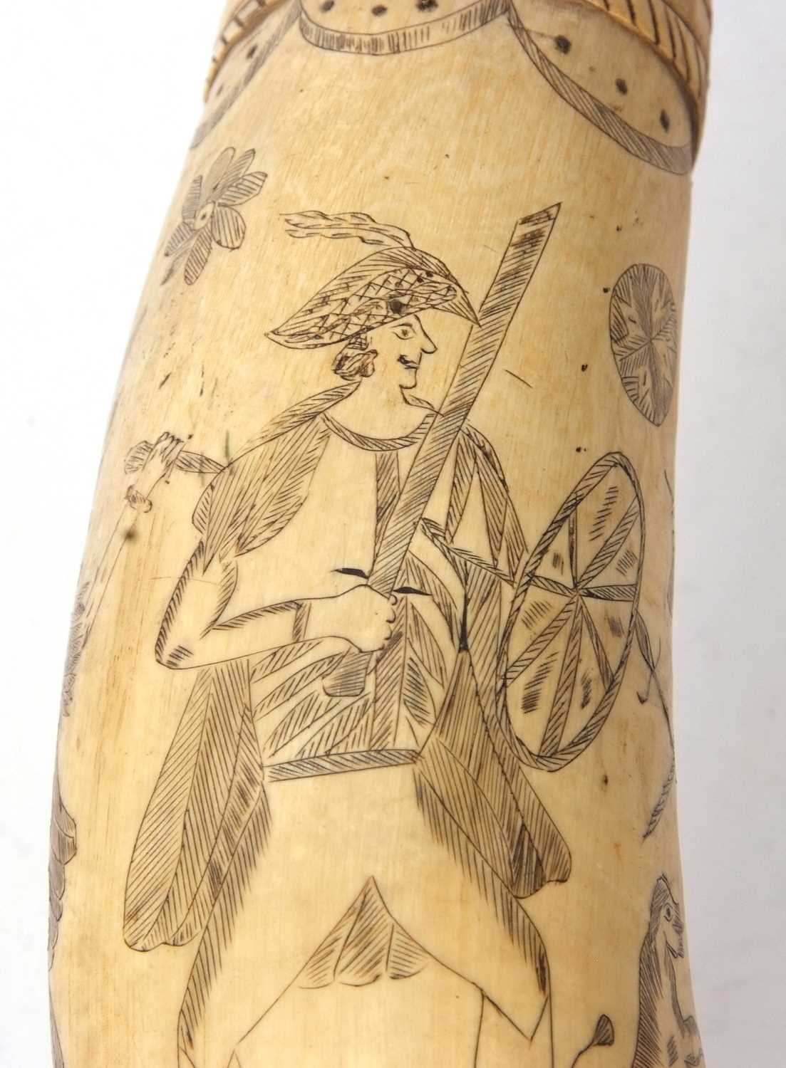 An early 19th Century scrimshaw decorated powder horn, the cow horn decorated with European - Image 3 of 5