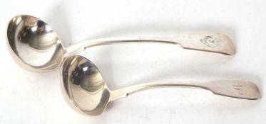 Two Victorian fiddle pattern sauce ladles both engraved with initials, London 1842 by Charles Lias