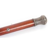 Vintage Malacca walking stick/drill cane embossed with a white metal handle and drilled for a