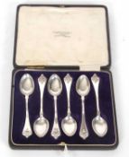 Cased set of six Edwardian silver teaspoons, fancy backed, hallmarked London 1910, makers mark M.S