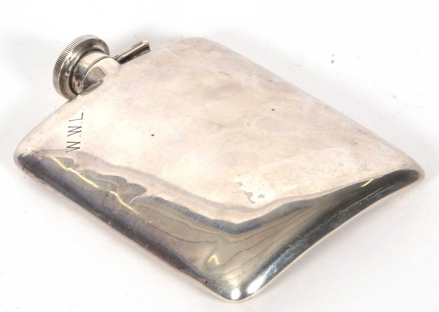 A vintage white metal spirit flask of slightly curved rectangular form, plain polished with engraved - Image 3 of 6