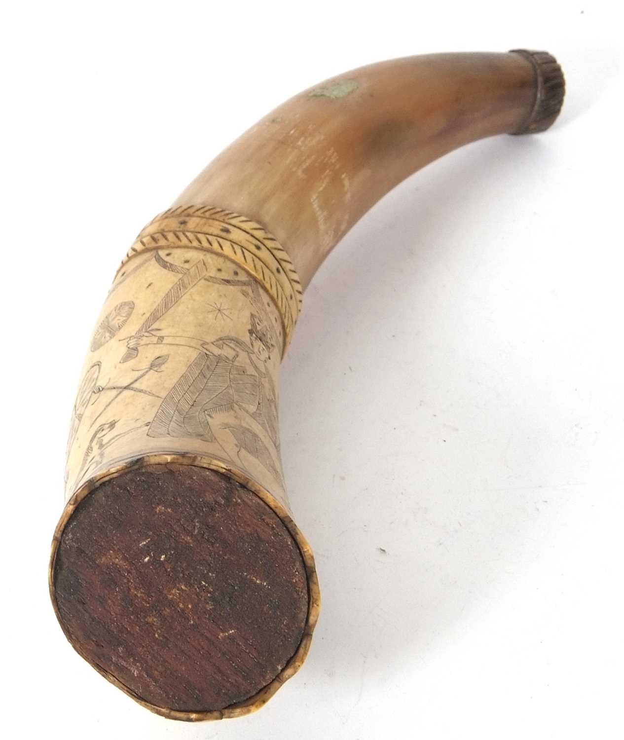 An early 19th Century scrimshaw decorated powder horn, the cow horn decorated with European - Image 4 of 5