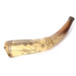 An early 19th Century scrimshaw decorated powder horn, the cow horn decorated with European