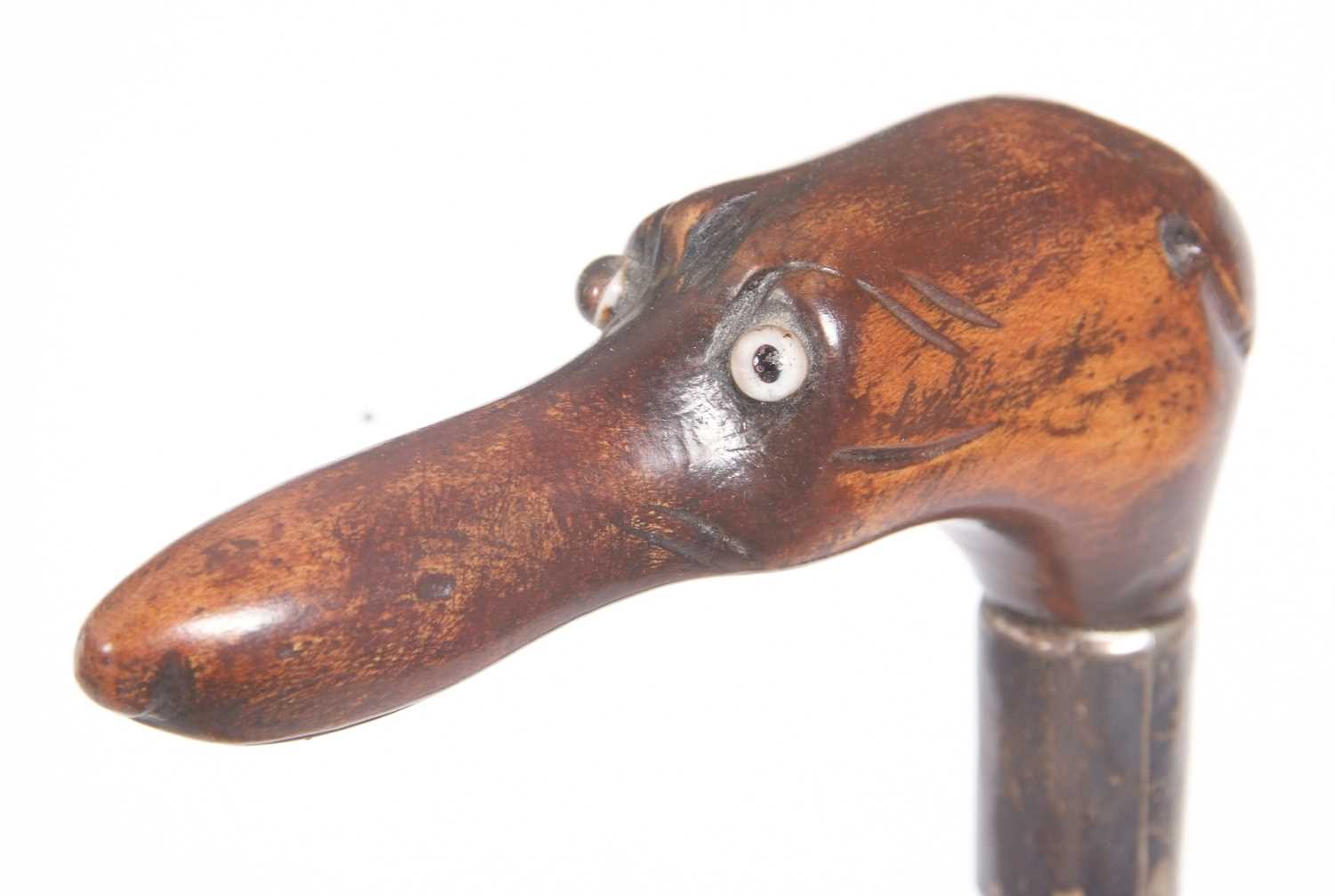 A walking stick carved with a dogs head handle, set with glass eyes and having a silver collar, - Image 2 of 8