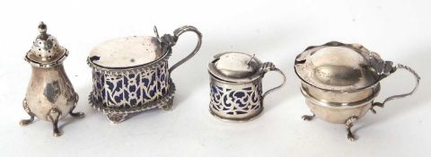 Mixed Lot: Hallmarked silver pierced oval mustard and liner, Chester 1900, a cylindrical pierced