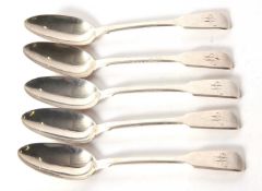 Five Victorian fiddle pattern teaspoons engraved with initials, hallmarked for London 1860, makers
