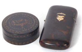Mixed Lot: An antique tortoiseshell cigar box inset with initialled shield and garland of flowers