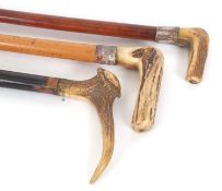A group of three stag horn handled walking sticks (a/f) (3)
