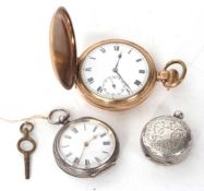 Two pocket watches and a silver coin fob, one of the pocket watches is white metal and is stamped