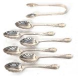 Six Victorian silver teaspoons and matching tongs, bright cut decoration and having shell bowls,
