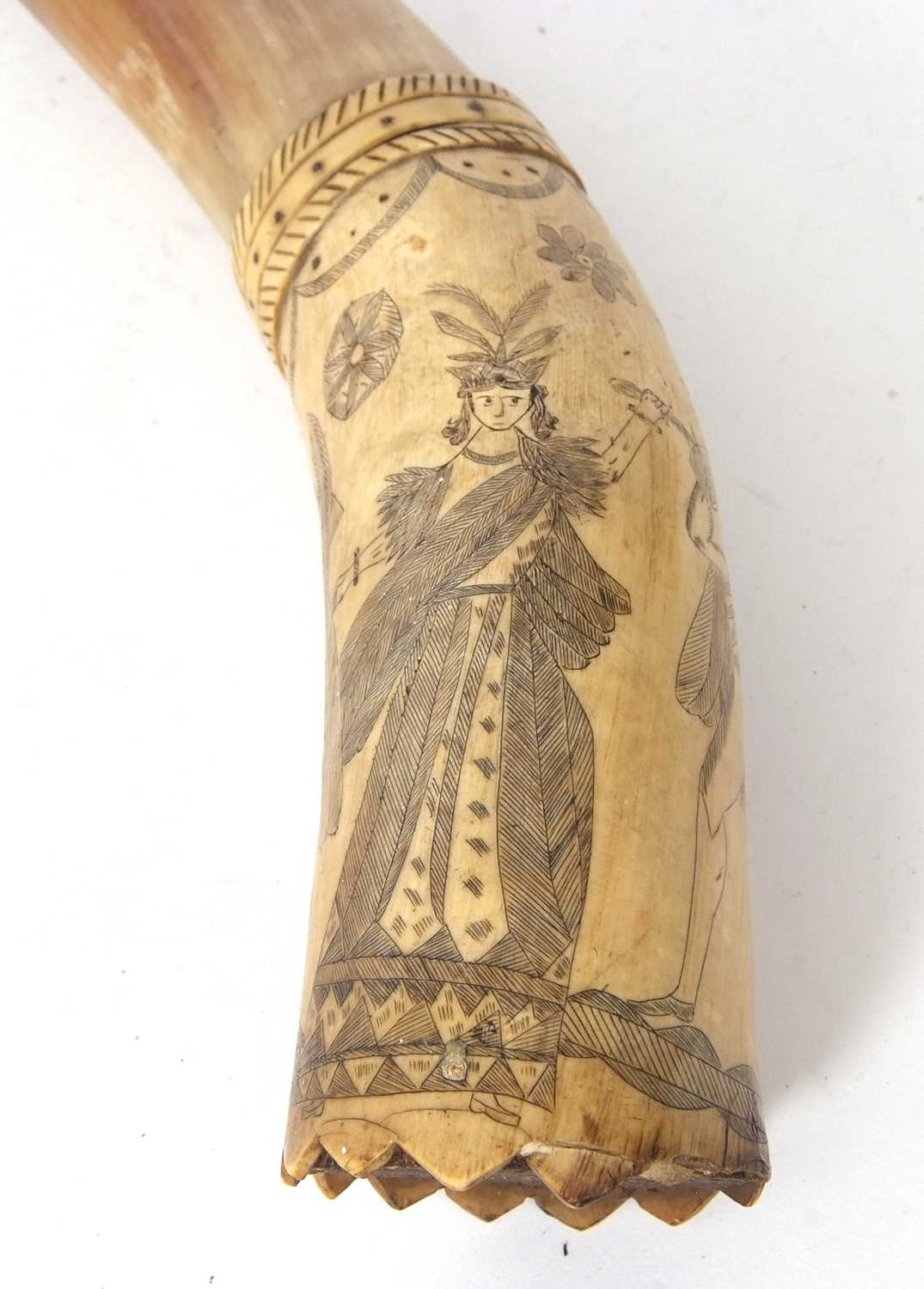 An early 19th Century scrimshaw decorated powder horn, the cow horn decorated with European - Image 2 of 5