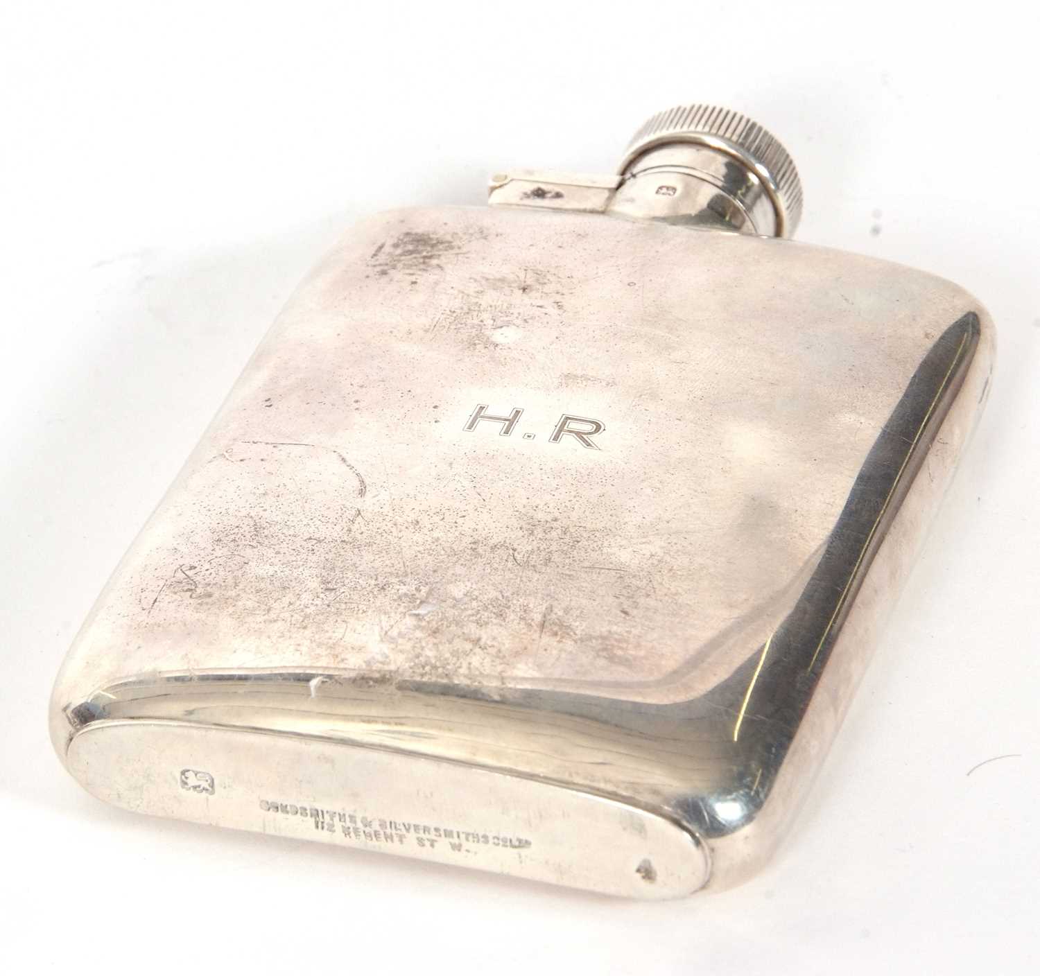 A spirit flask of plain slightly curved rectangular form engraved with initials "H.R" with hinged - Image 2 of 5