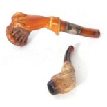 Vintage cased Mearsham pipe of a gloved hand supporting the bowl with a white metal collar, 8cm long