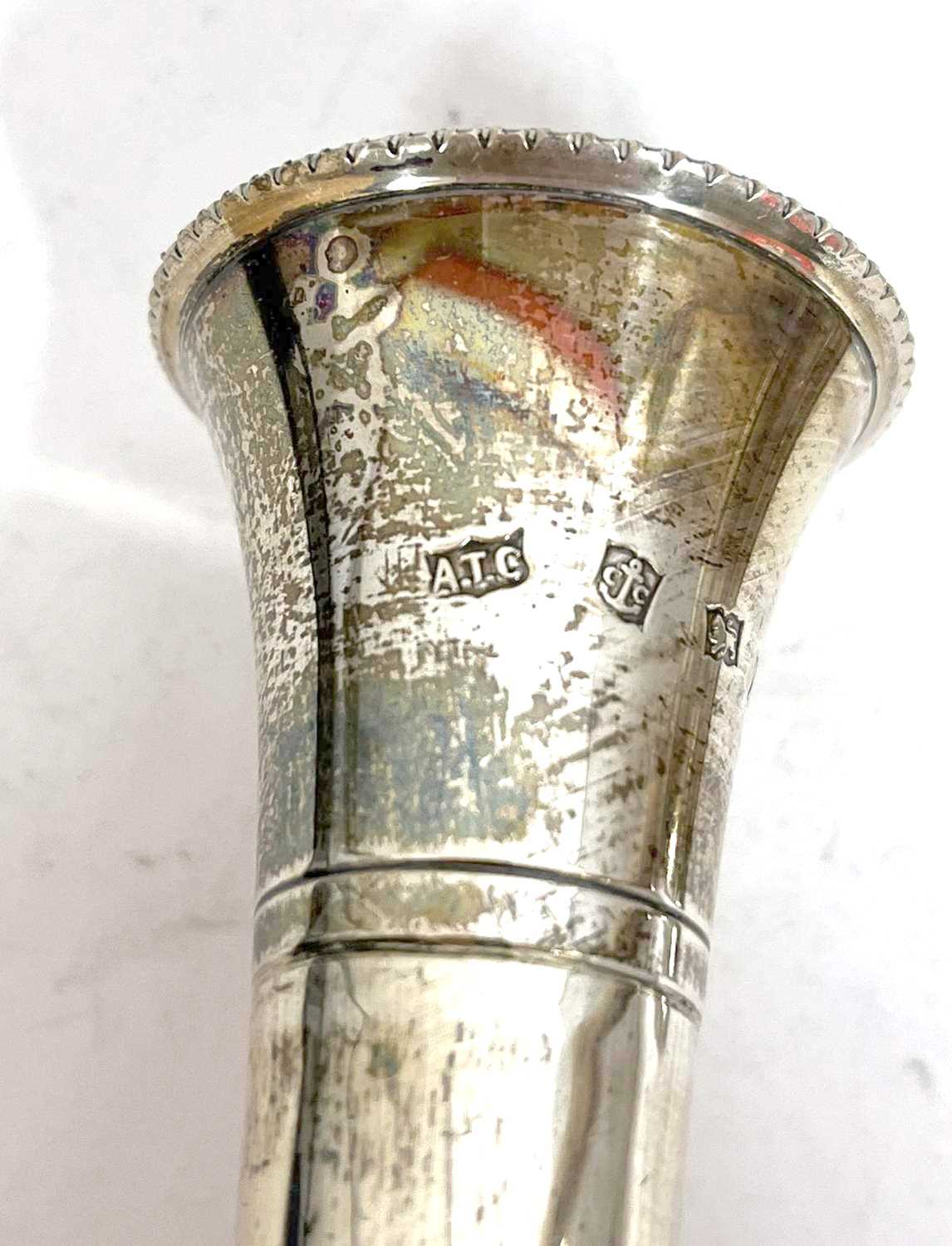 Pair of Elizabeth II silver tall spill vases having beaded decoration to rims and bases, engraved - Image 3 of 4