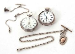 Two silver pocket watches and two pocket watch chains, both pocket watches have key wound