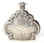 Continental white metal ornate scent bottle with plain scroll edges and engraved and chased all over