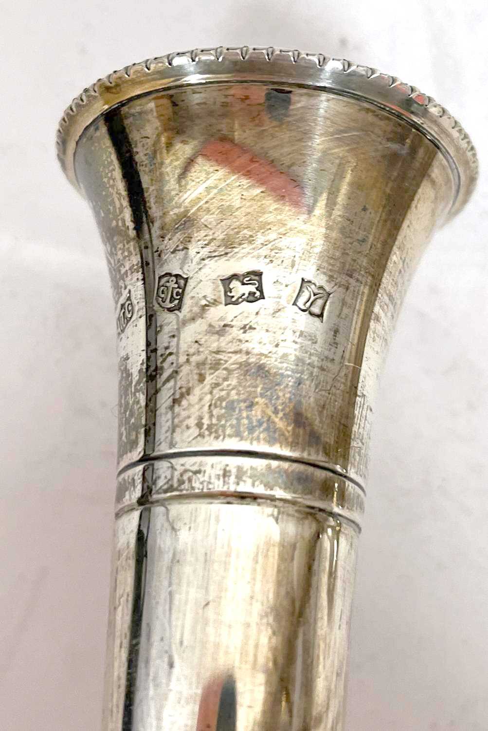 Pair of Elizabeth II silver tall spill vases having beaded decoration to rims and bases, engraved - Image 4 of 4